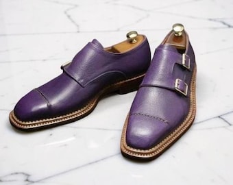 Chaussures de moine violettes pour hommes faites à la main, chaussures de ville de bureau à fermeture à lanières pour hommes