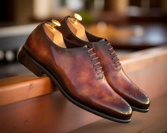 New Handmade Men Two Tone Patina Lace Whole Cut Oxford Shoes Luxury Dress Shoes