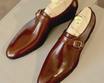Men’s Handmade Genuine Brown Leather Single Monk Strap Shoes