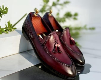 Handmade Burgundy Leather Tassel Loafers Men's Slip-On Dress Shoes