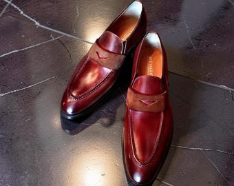 Handmade Men Burgundy Leather Formal Slip On Loafers Business Shoes