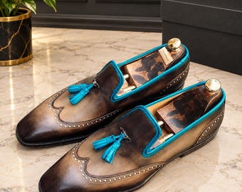 Brown Turquoise Tassel Loafers for Men | Two Tone Brogue Dress Shoes | Formal Wedding Slip Ons