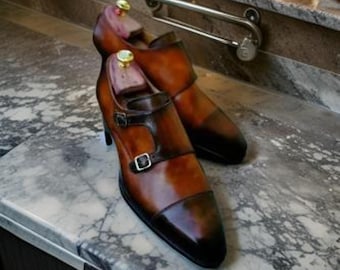 Handmade Men's Genuine Brown Leather Double Monk Strap Formal Dress Shoes Men
