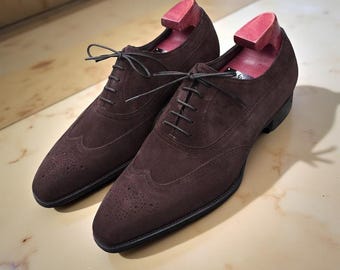 Oxford Suede Leather Shoes, Brown Wing Toe Brogue Shoes Formal Shoe Handmade