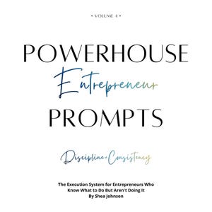 ChatGPT Prompts for Entrepreneurs ebook cover featuring navy blue watercolor brain design, titled Discipline and Consistency Edition with execution system, digital PDF guide by Shea Johnson AI Business Coach