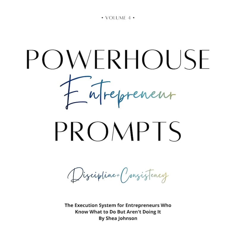 ChatGPT Prompts for Entrepreneurs ebook cover featuring navy blue watercolor brain design, titled Discipline and Consistency Edition with execution system, digital PDF guide by Shea Johnson AI Business Coach