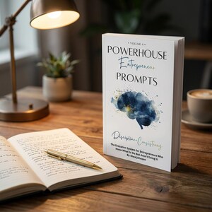 Puede incluir: Un libro titulado "POWERHOUSE Entrepreneur PROMPTS" con una ilustraci&oacute;n de cerebro en acuarela. Un cuaderno con notas manuscritas y un bol&iacute;grafo dorado est&aacute;n sobre una superficie de madera. Tambi&eacute;n se ven una l&aacute;mpara de escritorio y una taza de caf&eacute;.