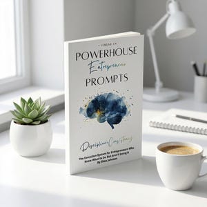 Puede incluir: Un libro titulado "POWERHOUSE Entrepreneur PROMPTS" con una ilustraci&oacute;n de cerebro en acuarela. El subt&iacute;tulo del libro dice "The Execution System for Entrepreneurs Who Know What to Do But Aren't Doing It." Tambi&eacute;n se ve una planta suculenta en una maceta blanca.