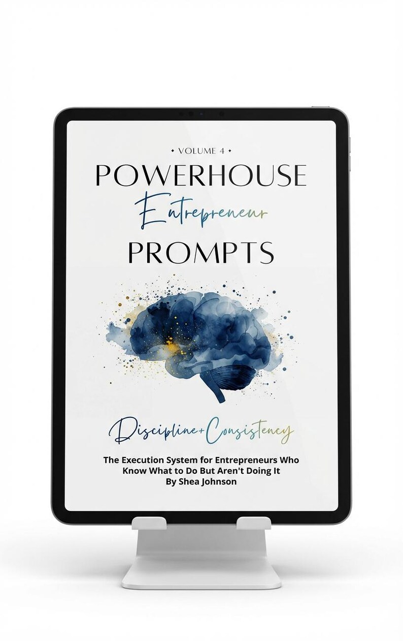 Puede incluir: Una tableta muestra la portada de "POWERHOUSE Entrepreneur PROMPTS, Volumen 4." La portada presenta una ilustraci&oacute;n de cerebro en acuarela azul y dorada, con las palabras "Discipline + Consistency" debajo. La tableta descansa sobre un soporte blanco.