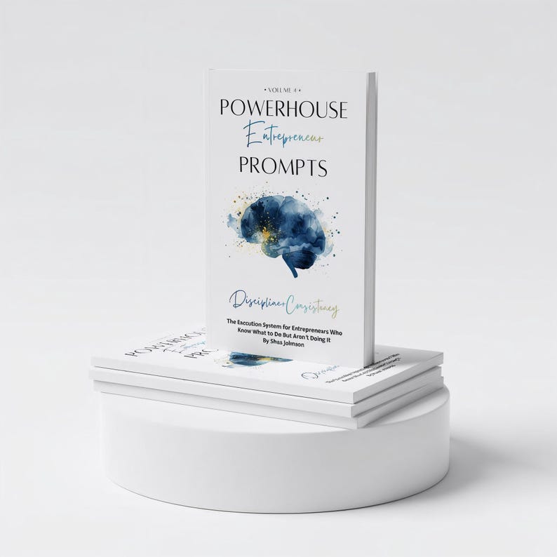 Puede incluir: Una pila de libros blancos con el t&iacute;tulo "POWERHOUSE Entrepreneur PROMPTS" y una ilustraci&oacute;n de cerebro en acuarela. El libro es el volumen 4 e incluye el texto "Disciplined Consistency". El libro est&aacute; sobre un soporte circular blanco.