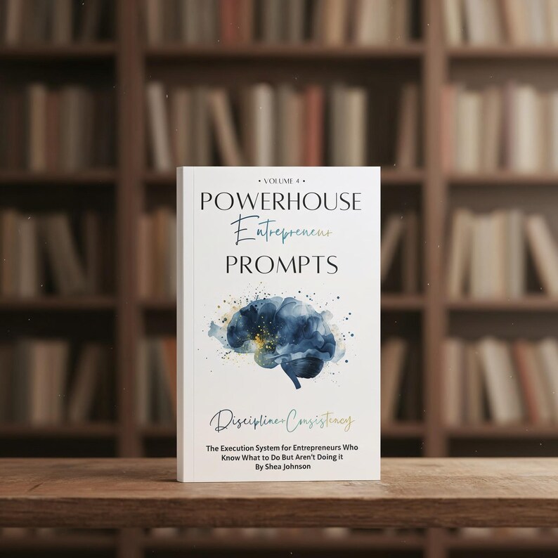 Puede incluir: Un libro titulado "POWERHOUSE Entrepreneur PROMPTS" con una ilustraci&oacute;n de cerebro en acuarela. El subt&iacute;tulo es "Discipliner Consistency" y el autor es Shea Johnson. El libro est&aacute; sobre una superficie de madera.