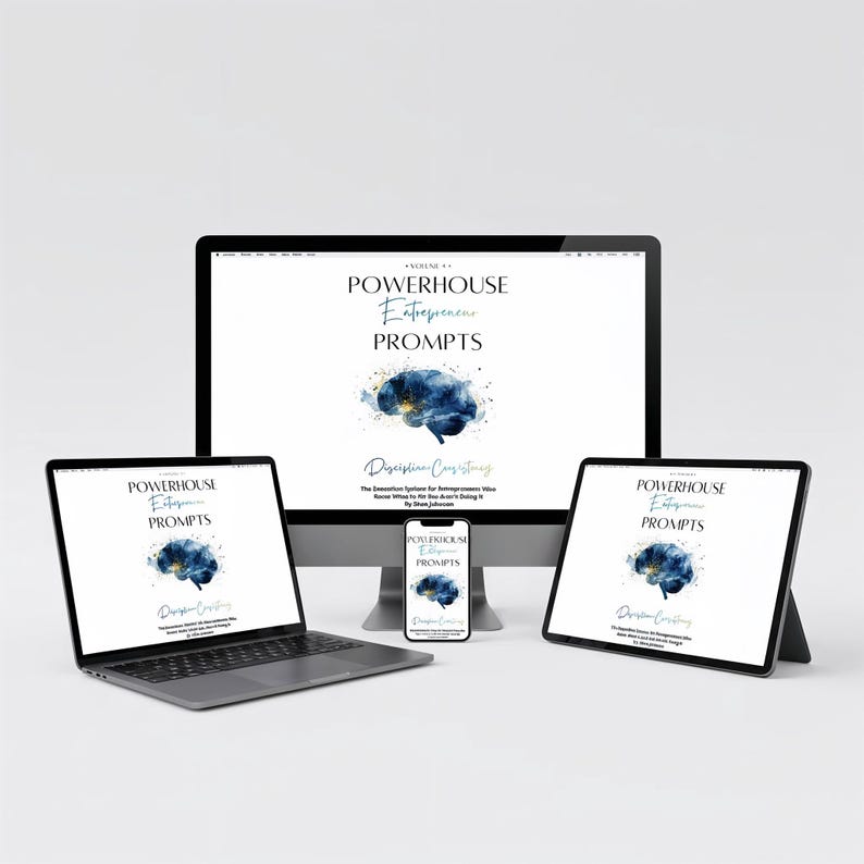 Puede incluir: Una computadora port&aacute;til, una computadora de escritorio, una tableta y un tel&eacute;fono inteligente muestran "Powerhouse Entrepreneur Prompts". La portada presenta una ilustraci&oacute;n de cerebro en acuarela azul. Tambi&eacute;n se ve el texto "Discipline Consistency".