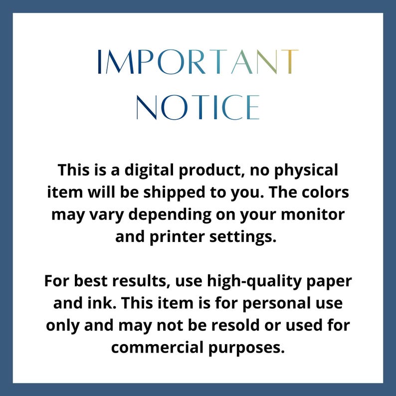Puede incluir: Aviso de producto digital con las palabras "IMPORTANT NOTICE" en fuente azul y dorada. El texto a continuaci&oacute;n indica que no se enviar&aacute; ning&uacute;n art&iacute;culo f&iacute;sico, los colores pueden variar y es solo para uso personal.