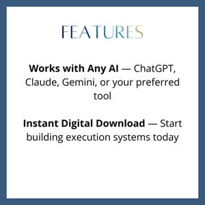 Puede incluir: Gr&aacute;fico digital con la palabra "FEATURES" en fuente verde claro. Debajo, el texto indica "Works with Any AI" e "Instant Digital Download". La imagen est&aacute; sobre un fondo azul oscuro.