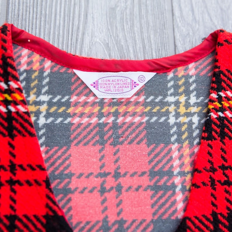 Vintage Red Plaid Vest Button Front Christmas Japan Pockets Preppy Mod Sz 10