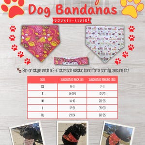 May include: Kansas City Dog Bandanas, double-sided, with a football theme. The bandanas come in various sizes, with suggested neck and weight measurements in inches and pounds. The bandanas are reversible and game-day ready.