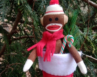 Primitive Christmas Sock Monkey in a Christmas Stocking Ornament