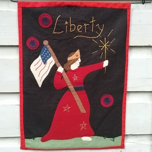 Primitive Americana Patriotic Lady Liberty holding American Flag Wool Applique Wall Hanging
