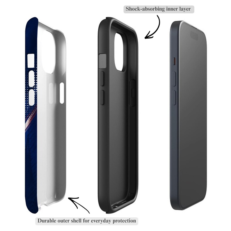 May include: A phone case shown in three views: a side profile with a blue and white patterned exterior, a black interior view labeled shock-absorbing inner layer, and a dark gray exterior view labeled durable outer shell for everyday protection.