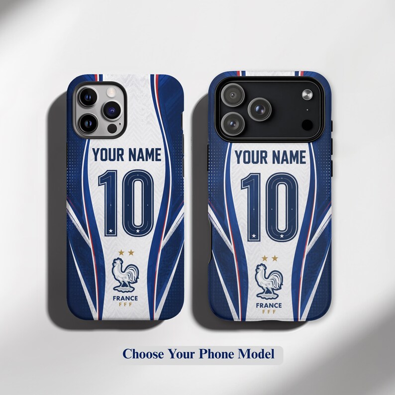 May include: Two phone cases featuring a blue and white design inspired by a soccer jersey. The cases display the text YOUR NAME, the number 10, and a rooster emblem with the text FRANCE FFF. The design includes curved blue lines and stars.
