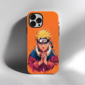 May include: Orange phone case featuring a vibrant illustration of an anime character with spiky yellow hair, blue eyes, and a blue headband. The character is wearing a red and blue jacket. The case has a glossy finish and a black camera module.