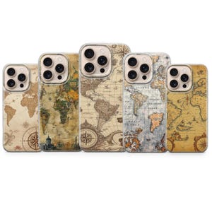Peut inclure: Cinq coques de téléphone avec des cartes du monde vintage. Les coques présentent une cartographie détaillée dans des tons de marron, beige et bleu, avec des roses des vents et des éléments décoratifs. Conçues pour différents modèles de téléphones.