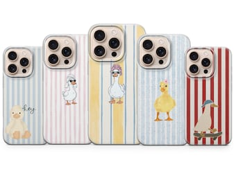おもしろいアヒルのスマホケース ストライプ柄グースカバー iPhone 17 Pro Max、16e、15、14、13、Samsung S26 Ultra、S25 FE、A57、A56、Pixel 10、9A用