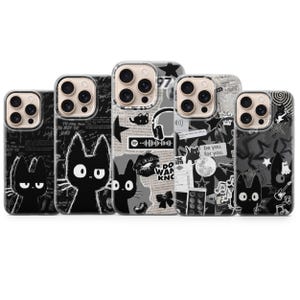 May include: A collection of five black and white phone cases. Each case features a different design, including cat illustrations, text, and graphic elements. The cases are made of a clear material, allowing the phone's color to show through.