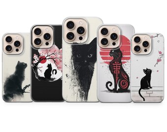 Funda de teléfono con diseño de gato japonés Sakura para iPhone 17 Pro Max, 16e, 15, 14, 13 y Samsung S26 Ultra, S25 FE, A57, A56, Pixel 10, 9A