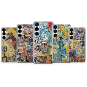 May include: Five smartphone cases arranged in a row, each featuring a distinct, vibrant, multi-colored abstract graphic print inspired by neo-expressionist art, including motifs like a crown, stylized faces, and text reading "Drop Dead."