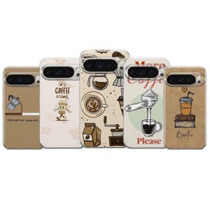 May include: Five phone cases with coffee-themed designs. The cases feature illustrations of coffee makers, coffee cups, and coffee beans. One case has the text "Motivation Loading", another says "It's Coffee O'Clock", and another says "More Coffee Please".