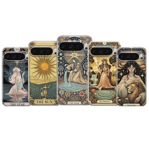 May include: A collection of phone cases featuring tarot card designs. Each case displays a different card, including "The Star," "The Sun," "The Empress," and "Strength." The artwork is detailed, with vibrant colors and celestial themes.
