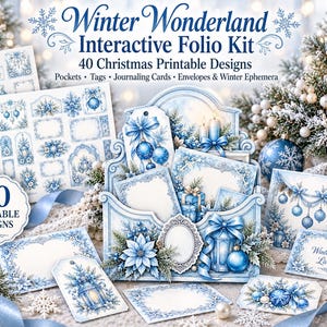 Peut inclure: Un kit de folio interactif Winter Wonderland comprenant 40 motifs de Noël imprimables, incluant des pochettes, des étiquettes, des cartes de journalisation, des enveloppes et des éphémères d'hiver aux tons bleus et blancs.
