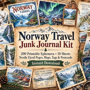 Puede incluir: Un kit de diario de viaje de Noruega con 200 piezas de efímera imprimibles, 10 hojas, páginas de fiordos nórdicos, mapas, etiquetas y postales. La colección incluye ilustraciones de renos, auroras boreales, montañas, cascadas y frailecillos.
