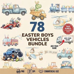 78 Watercolor Easter Vehicles Clipart Bundle, Boy Easter Truck PNG, Construction, Train, Plane, Race Car, Customizable Sublimation Designs