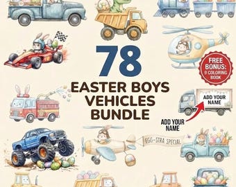 Paquete de 78 imágenes prediseñadas de vehículos de Pascua en acuarela: camión de Pascua para niño, construcción, tren, avión, coche de carreras, diseños de sublimación personalizables.