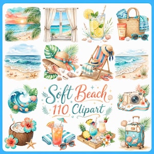 Soft Beach Clipart Bundle, Coastal Summer PNG, Beach Shells Clipart, Ocean Wave Clipart, Beach Accessories, 110 Designs