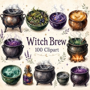 Peut inclure: Illustration à l'aquarelle de divers chaudrons de potion de sorcière, chacun contenant des potions et des ingrédients de couleurs différentes. L'image comprend le texte "Witch Brew 100 Clipart". Les chaudrons sont de tailles et de formes variées, avec de la vapeur qui s'en échappe.