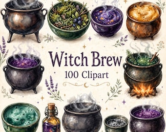 Puede incluir: Ilustración en acuarela de varios calderos de pociones de bruja, cada uno con diferentes pociones e ingredientes de colores. La imagen incluye el texto "Witch Brew 100 Clipart". Los calderos son de diferentes tamaños y formas, con vapor saliendo de ellos.