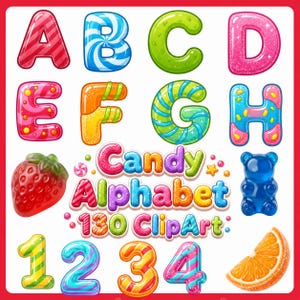 Könnte beinhalten: Eine digitale Sammlung von Buchstaben A bis H und Zahlen 1 bis 4 im Bonbon-Design mit leuchtenden Farben, glänzenden Texturen und Mustern. Der Text Candy Alphabet 130 ClipArt ist zentriert und wird von einer Erdbeere, einem blauen Gummibärchen und einer Orangenscheibe begleitet.
