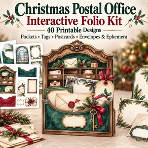 May include: A Christmas Postal Office interactive folio kit featuring 40 printable designs including pockets, tags, postcards, envelopes, and ephemera. The kit displays a wooden desk organizer with green accents, decorated with holly, red ribbons, and a gold key.
