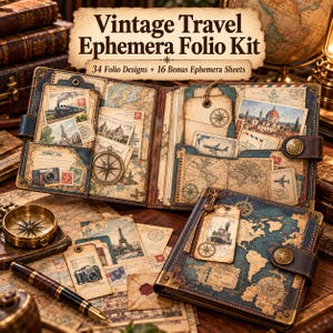 Puede incluir: Un kit de folio de efímeros de viaje vintage con 34 diseños de folio y 16 hojas de efímeros adicionales. El kit incluye una carpeta azul oscuro con estampado de mapas, esquinas de metal color latón, cierre de botón y varios insertos de papel.