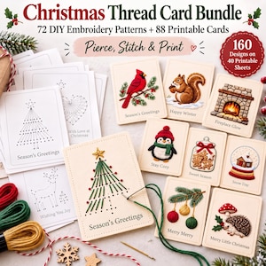 Christmas Thread Card Bundle, 72 DIY Embroidery Patterns + 88 Printable Cards, Winter Holiday Cards, Handmade Christmas Craft