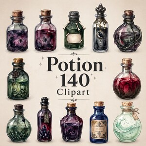 May include: A collection of twelve potion bottles with cork stoppers, each containing a different colored liquid. Some bottles feature decorative elements like spiders, skulls, and labels. The text "Potion 140 Clipart" is displayed in the center.