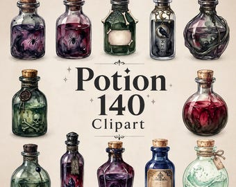 Puede incluir: Una colección de doce botellas de pociones con tapones de corcho, cada una con un líquido de diferente color. Algunas botellas presentan elementos decorativos como arañas, calaveras y etiquetas. El texto "Potion 140 Clipart" se muestra en el centro.