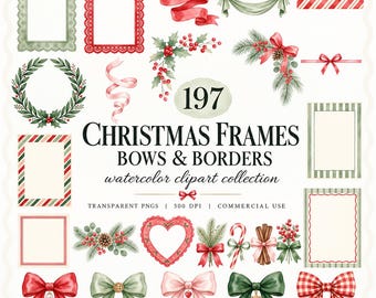 Op de afbeelding: Een digitale collectie van 197 aquarel kerstframes, strikken en randen met rode en groene feestelijke elementen zoals hulst, dennentakken, zuurstokken en linten. De tekst luidt 197 CHRISTMAS FRAMES BOWS & BORDERS.