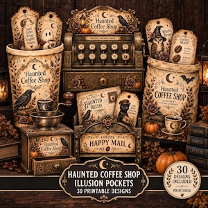 Op de afbeelding: Een collectie van printbare papieren knutselwerken met het thema Haunted Coffee Shop, inclusief een vintage kassa, koffiemolen, labels en enveloppen. De items bevatten illustraties van geesten, uilen, katten, raven en pompoenen met bijbehorende teksten.