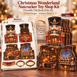 May include: A Christmas Wonderland Nutcracker Toy Shop Kit featuring printable flip book folio sheets. The kit includes 15 folio designs and 16 bonus sheets showing flat printable pieces on the left and assembled holiday folios on the right.