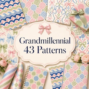 May include: A collection of patterned papers, notebooks, and wrapped gifts in pastel shades. The image showcases diverse designs, including bows, polka dots, and wavy lines. Text reads "Grandmillennial 43 Patterns."