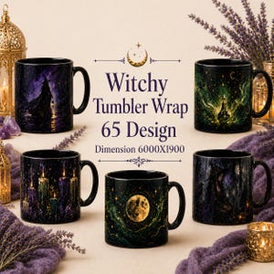 May include: A collection of black ceramic mugs with witchy designs. Each mug features a unique illustration in shades of purple, green, and gold, with celestial and mystical themes. The text "Witchy Tumbler Wrap 65 Design" is also visible.